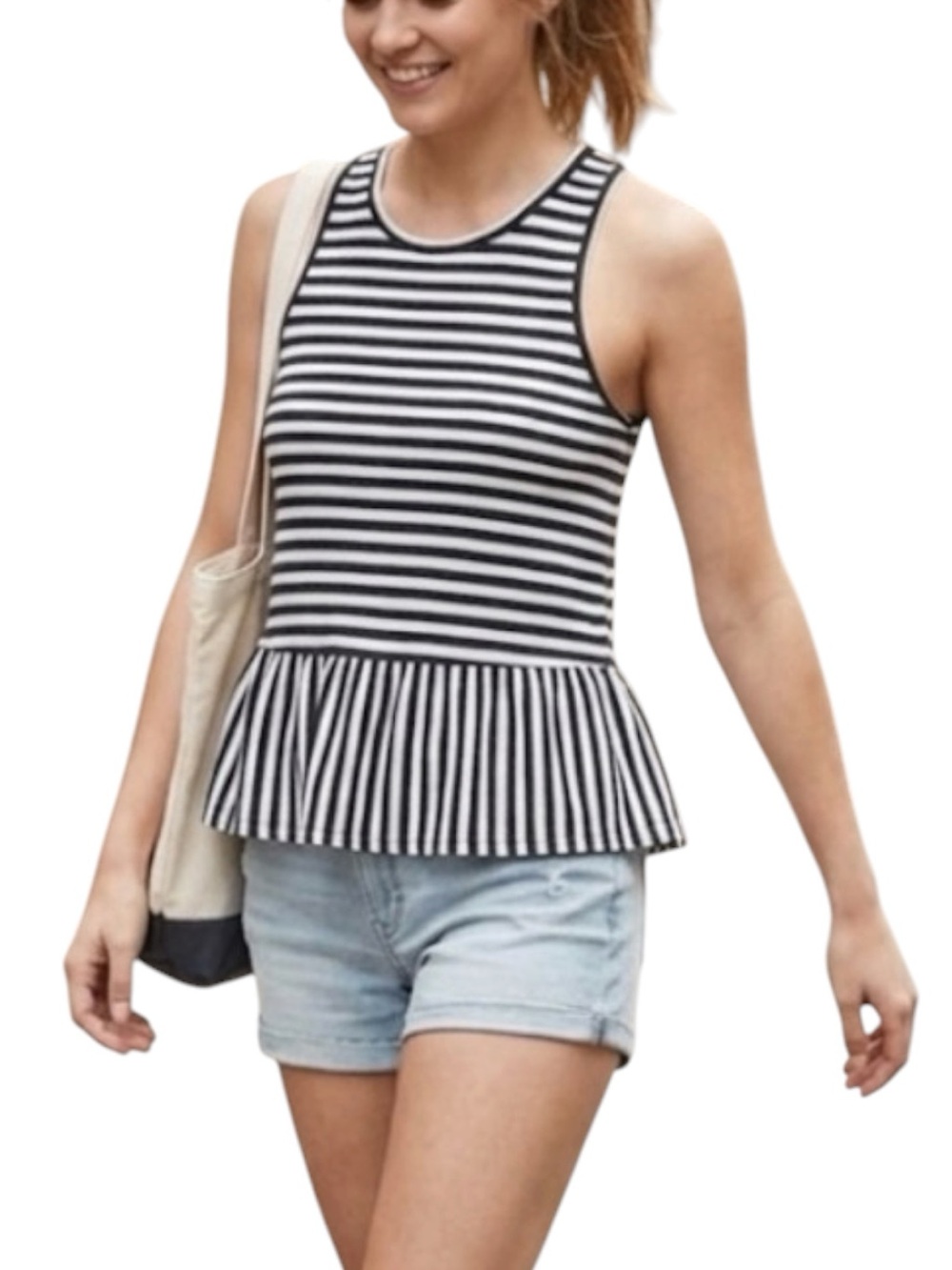 Abercrombie & Fitch Black White Striped Y2K Peplum Tank Top Summer Preppy Ca…